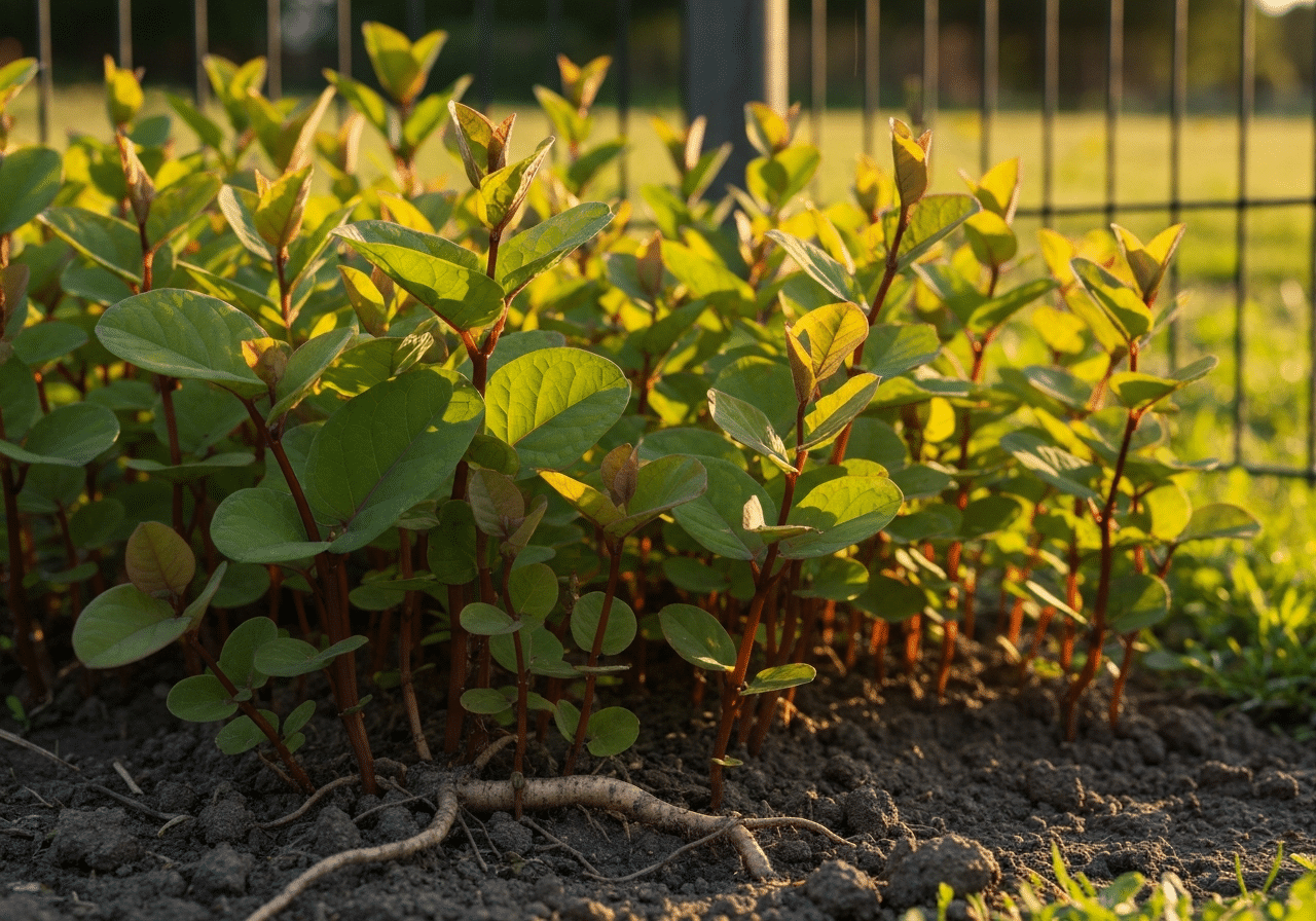 Plantes invasives au jardin : ce que la réglementation impose aux propriétaires 1 Renouée du Japon avec ses tiges rouges et feuilles caractéristiques en fin d'après-midi