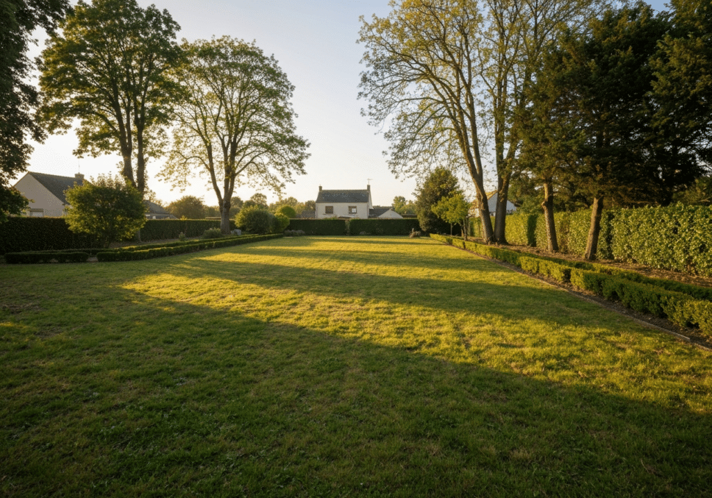 Abattage d'arbre en milieu contraint : que faire quand l'arbre est coincé entre la maison, la clôture et les lignes électriques ? 1 Jardin après abattage d'arbre, espace dégagé et bien entretenu avec maison.