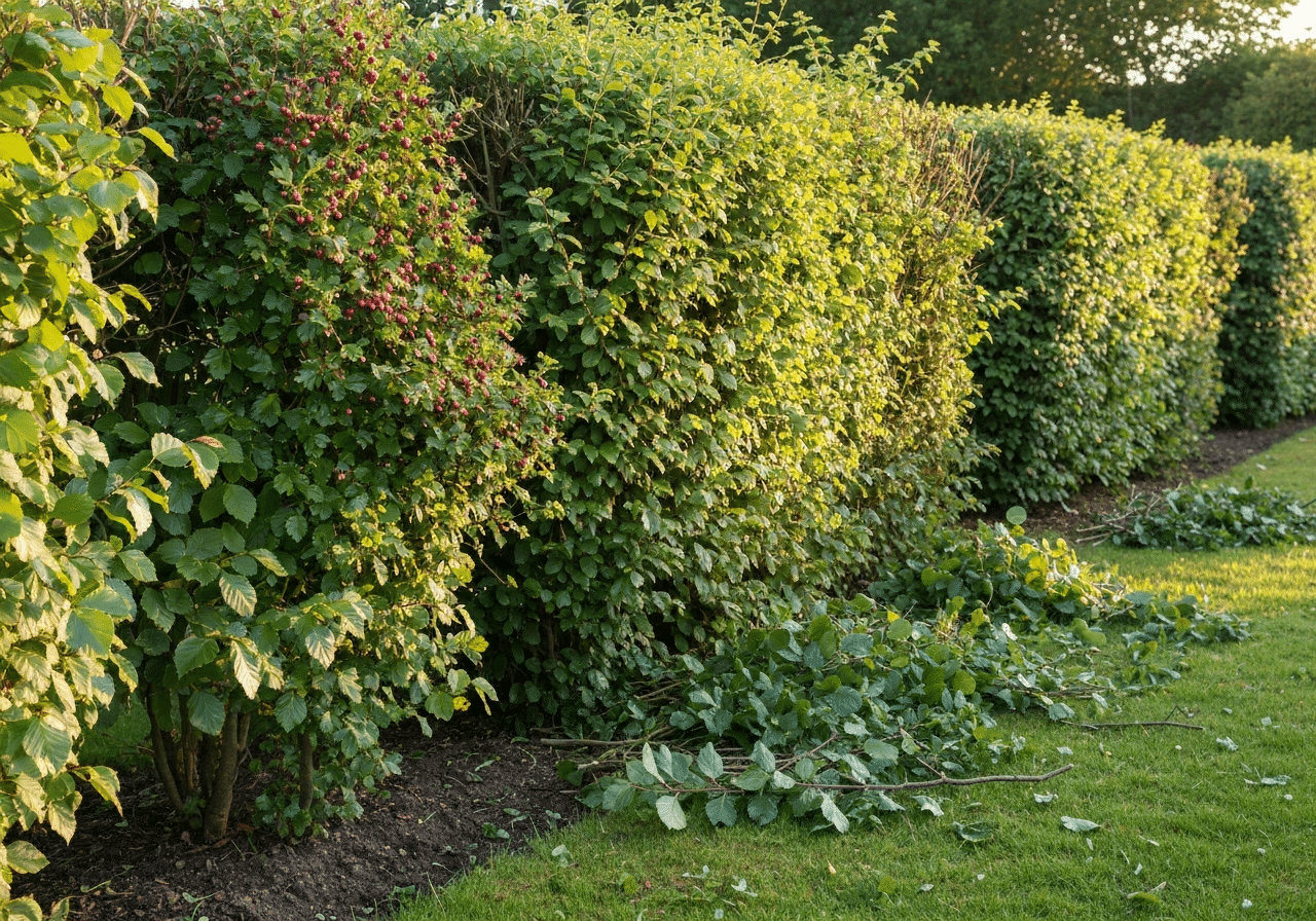 Haie de jardin : pourquoi les haies champêtres mixtes prennent la place des rangées de thuyas 1 Haie champêtre mixte fraîchement taillée aux lignes nettes, feuillage vert dense éclairé en fin d'après-midi.