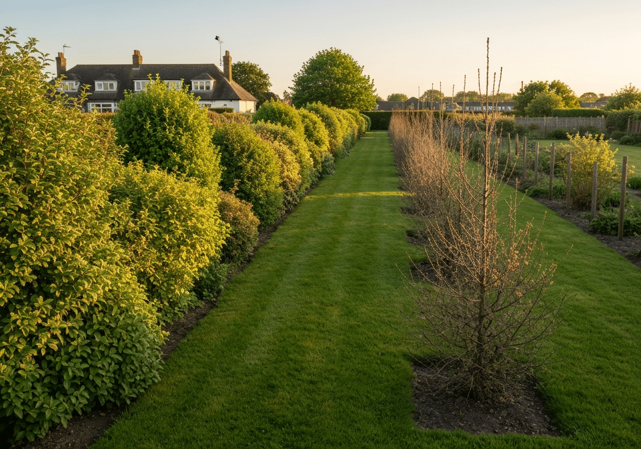Haie de jardin : pourquoi les haies champêtres mixtes prennent la place des rangées de thuyas 2 Comparaison visuelle : haie champêtre mixte verdoyante et diversifiée face à rangée monotone de conifères.