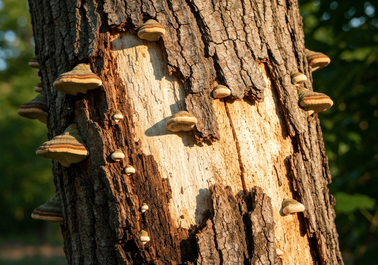 Comment savoir si un arbre de votre jardin est dangereux : les signes qui doivent alerter 1 Tronc d'arbre avec champignons et écorce qui se détache, signes de danger
