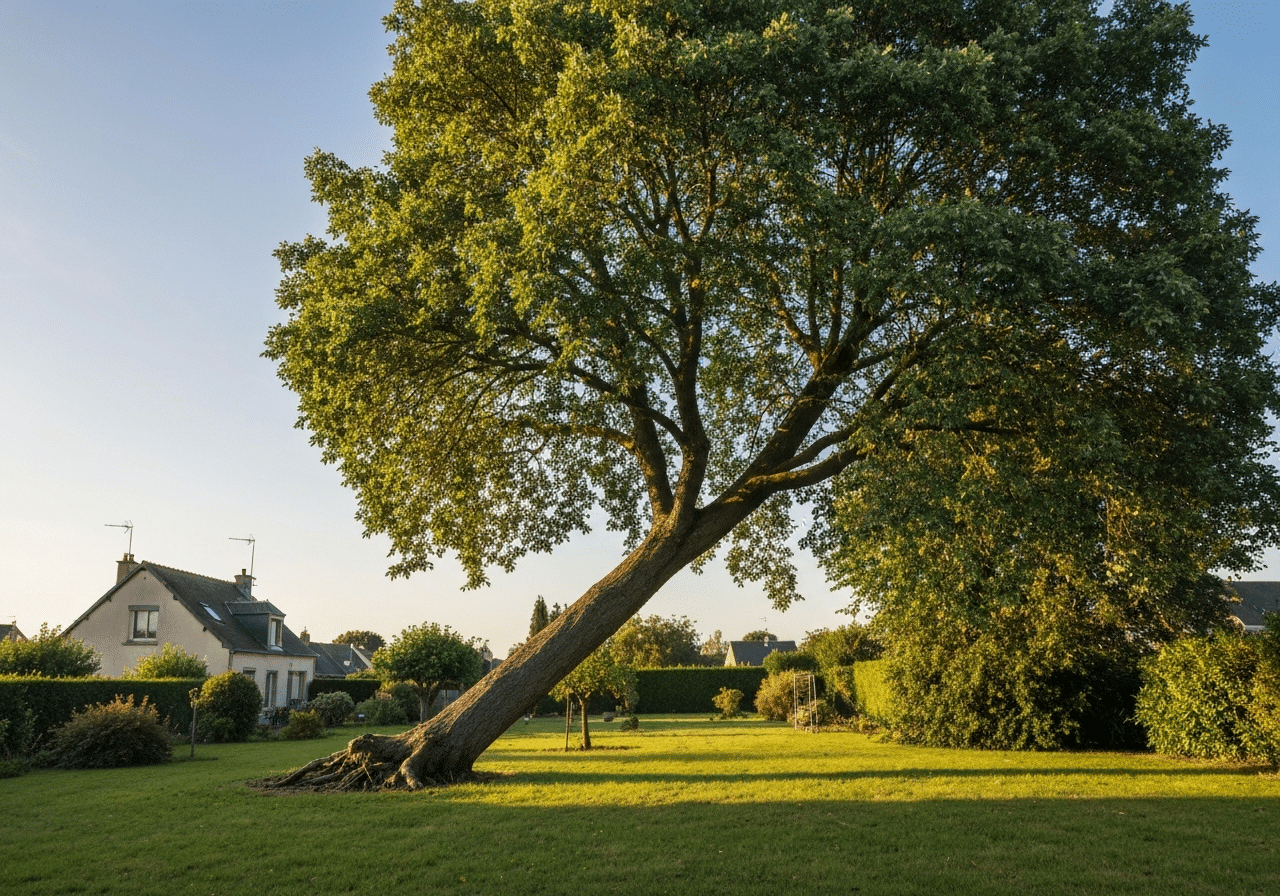 Comment savoir si un arbre de votre jardin est dangereux : les signes qui doivent alerter 2 Arbre incliné dans un jardin résidentiel, signal de danger potentiel