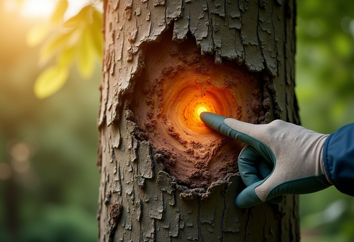 Arbre malade ou parasité : reconnaître le gui, le chancre et les champignons lignivores avant qu'il ne soit trop tard 1 Gros plan sur chancre et lésions d'écorce d'arbre, examinés par un arboriste en lumière naturelle
