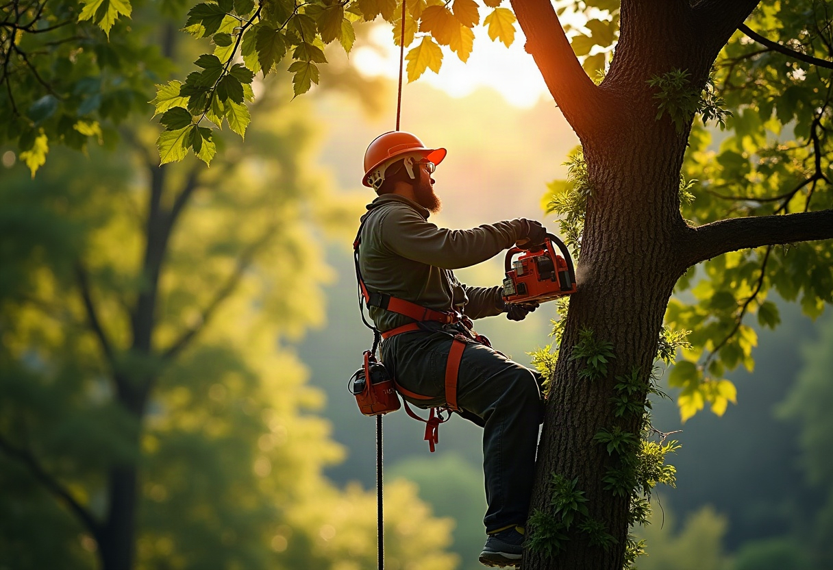Remplacer une vieille clôture : les erreurs à éviter avant de poser la nouvelle 1 Arboriste grimpeur harnais en action dans la canopée, tronçonneuse en main, lumière dorée de fin d'après-midi