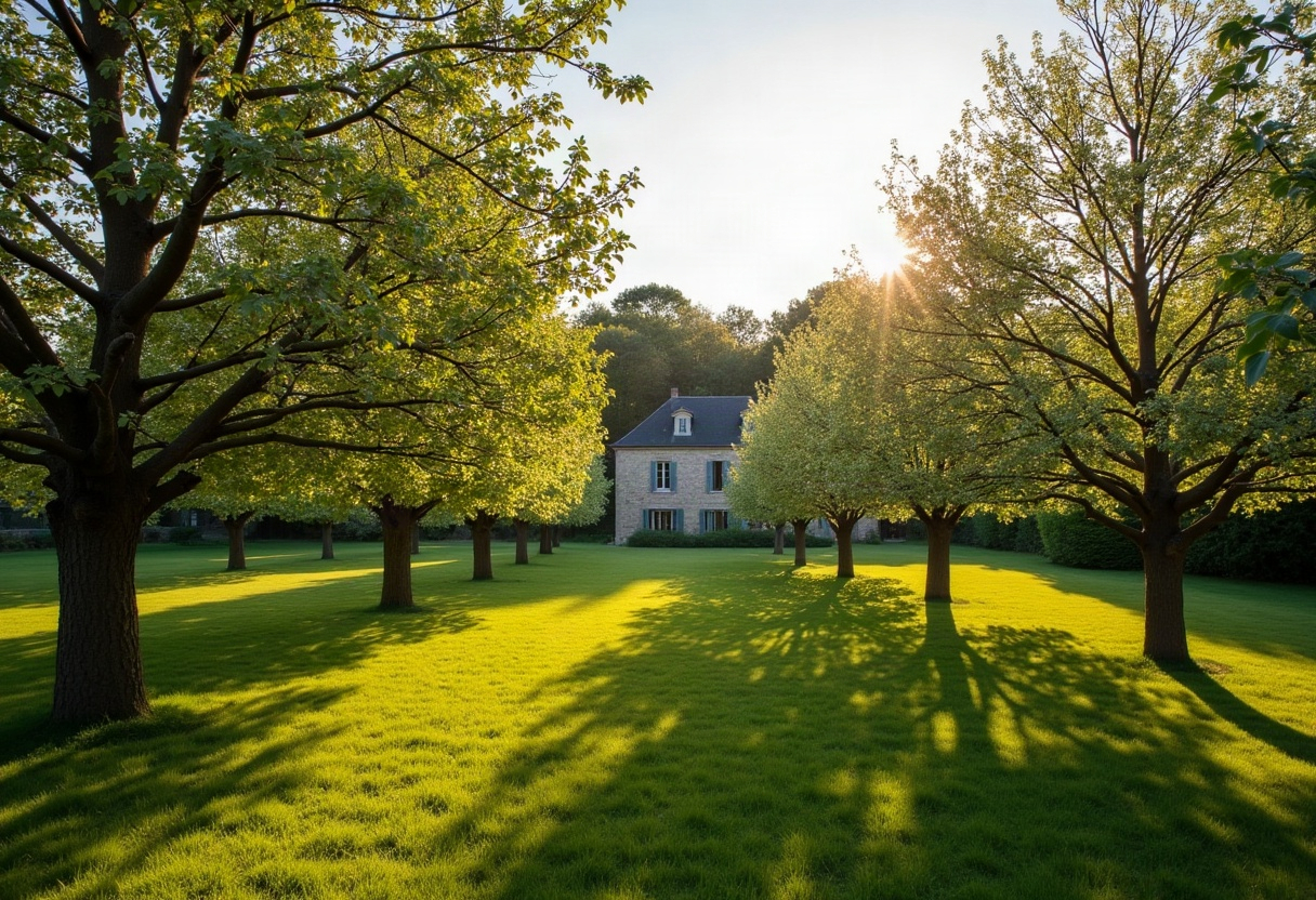 Comment entretenir ses arbres fruitiers au jardin : taille de fructification et calendrier d'interventions 2 Verger d'arbres fruitiers taillés avec canopée aérée et accès lumineux optimal, ambiance jardin français