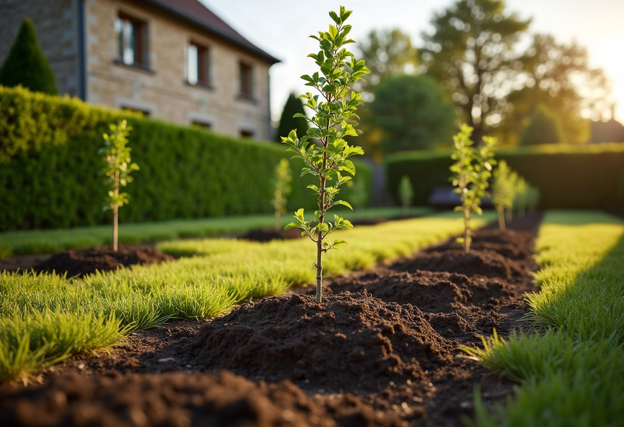 Planter un arbre dans son jardin : le bon moment, les bonnes distances et les erreurs qui coûtent cher 2 Jeune arbre fraîchement planté avec tuteurs, jardin entretenu en fin d'après-midi