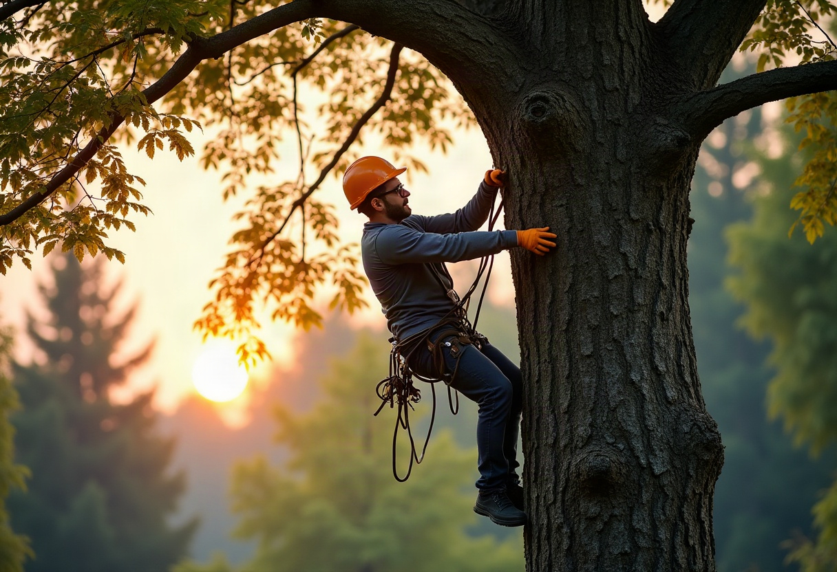 Après une tempête ou une chute de branches : les bons réflexes à avoir avant d'appeler un professionnel 1 Arboriste grimpeur en action dans un grand arbre, tronçonneuse en main, harnais de sécurité visible.