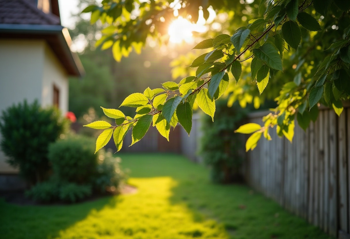 Voisin qui refuse de couper ses branches : ce que la loi vous permet vraiment de faire 1 Branches de l'arbre du voisin surplombant la limite de propriété en fin d'après-midi.