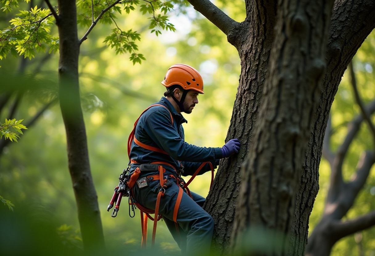 Élagage et nidification : ce qu'il faut savoir avant d'intervenir sur vos arbres au printemps 1 Arboriste grimpeur inspectant les branches d'un chêne au printemps avant élagage