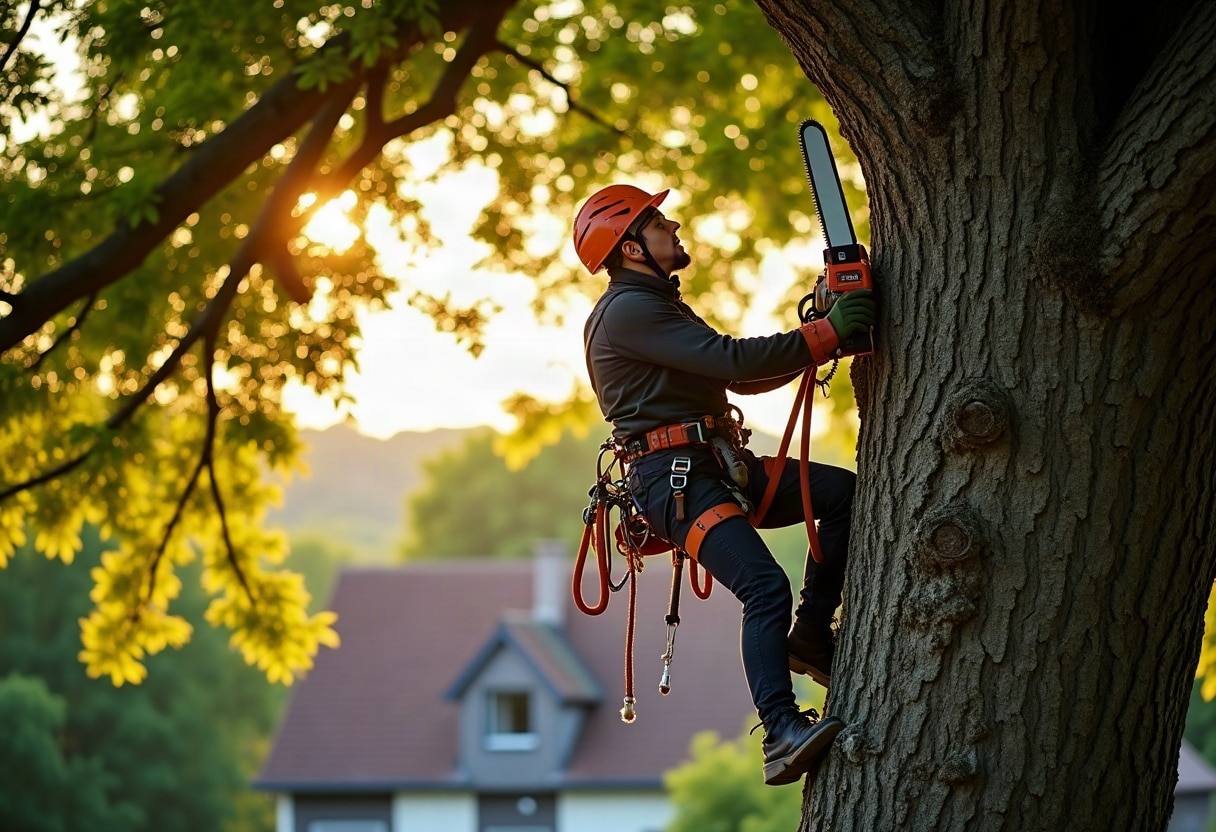 Prix d'un élagage ou d'un abattage : ce qui fait varier un devis d'un arbre à l'autre 1 Arboriste harnaché élaguant une branche haute avec une tronçonneuse, lumière dorée de fin d'après-midi