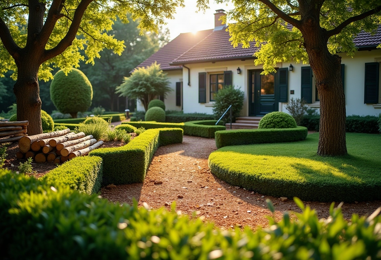 Prix d'un élagage ou d'un abattage : ce qui fait varier un devis d'un arbre à l'autre 2 Jardin remis en ordre après élagage : haies taillées nettes, copeaux frais au sol, bois empilé
